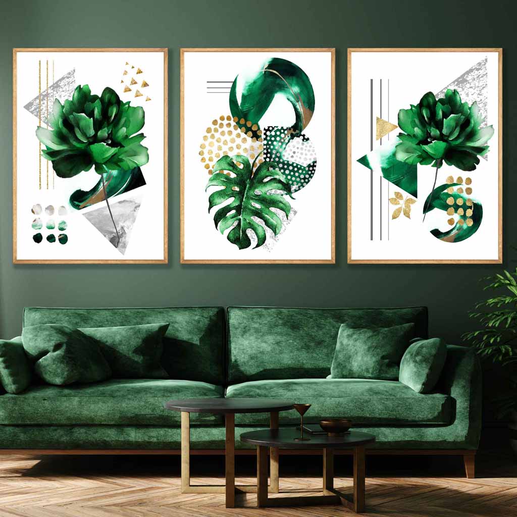 Abstraktes grün-goldenes Blumen-Set aus 3 Kunstdrucken