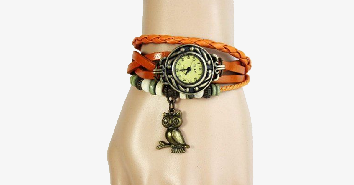 Vintage-Armbanduhr mit Eule und Boho-Chic-Armband – Gewebte Armbanduhr im Manschettenstil für einen trendigen Look!