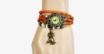 Vintage-Armbanduhr mit Eule und Boho-Chic-Armband – Gewebte Armbanduhr im Manschettenstil für einen trendigen Look!