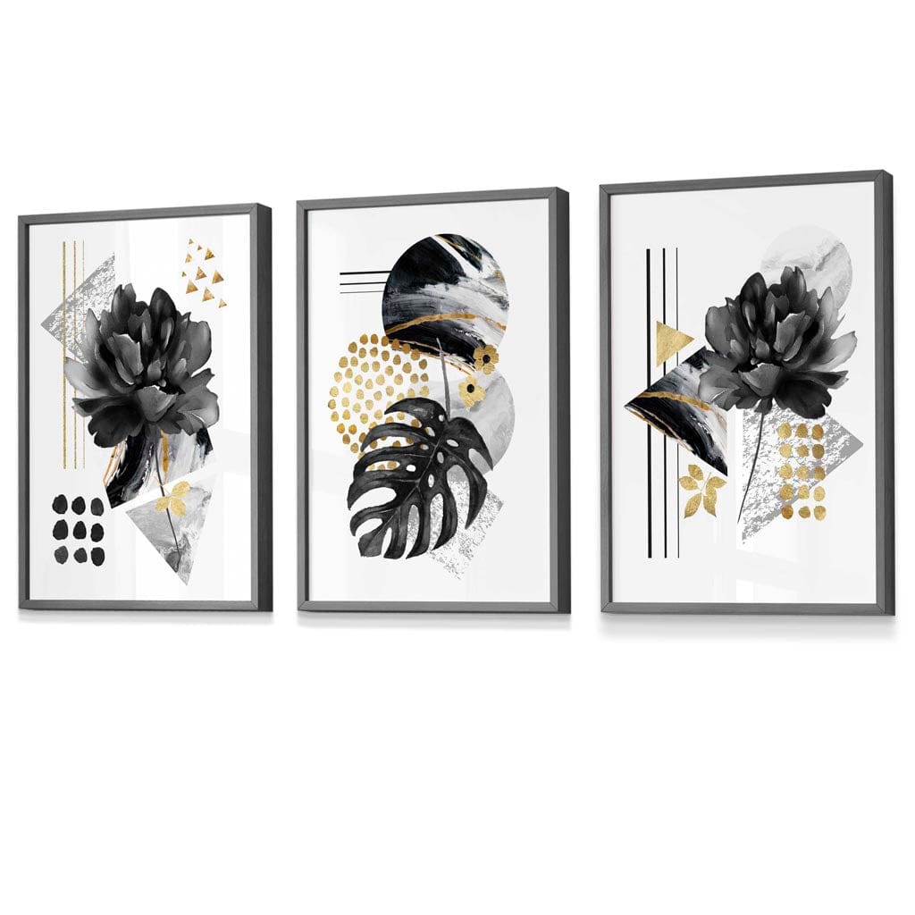 Abstrakte botanische Kunstdrucke in Schwarz und Gold / Gerahmt