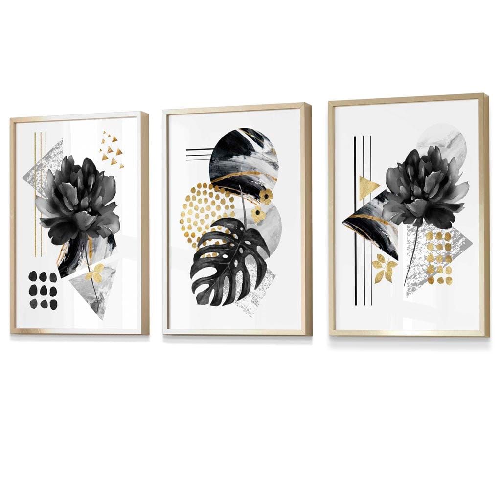 Abstrakte botanische Kunstdrucke in Schwarz und Gold / Gerahmt