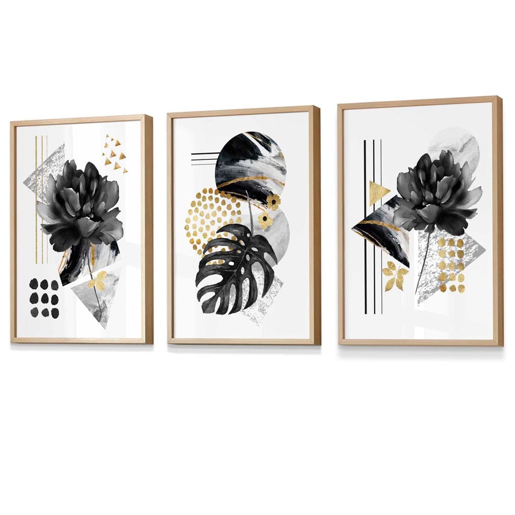 Abstrakte botanische Kunstdrucke in Schwarz und Gold / Gerahmt
