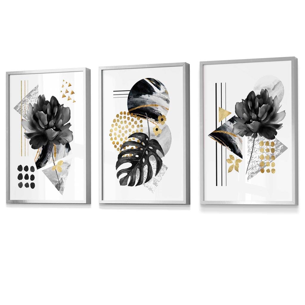 Abstrakte botanische Kunstdrucke in Schwarz und Gold / Gerahmt