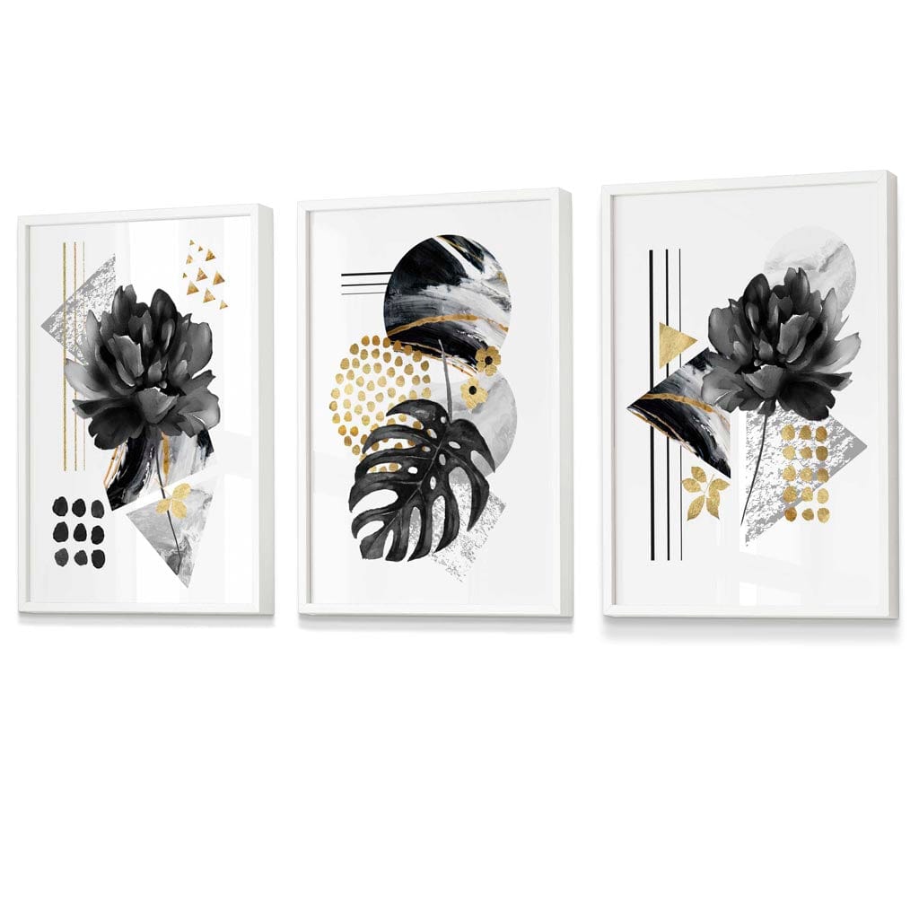 Abstrakte botanische Kunstdrucke in Schwarz und Gold / Gerahmt