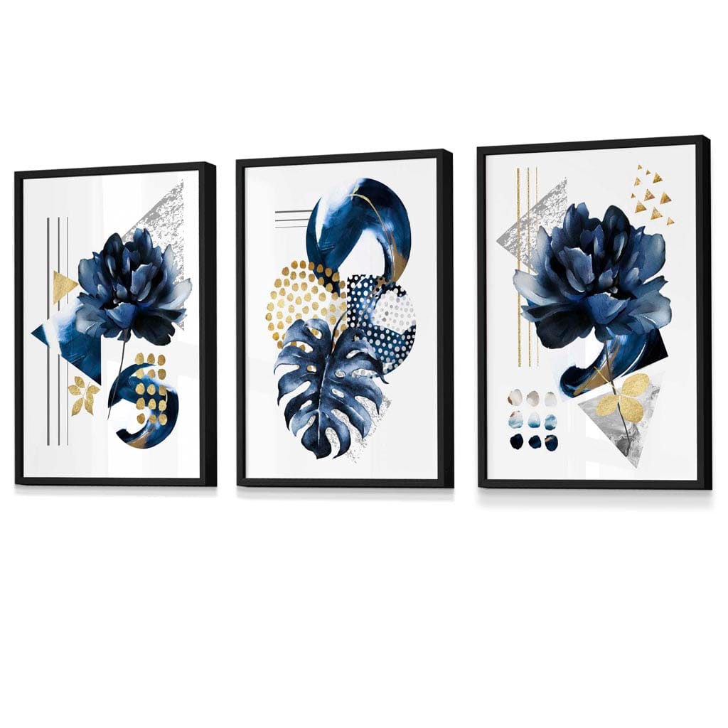 Abstraktes maritimes und goldenes botanisches Set aus 3 gerahmten Wandbildern