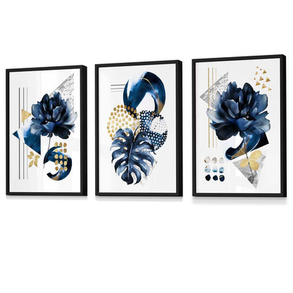 Abstraktes maritimes und goldenes botanisches Set aus 3 gerahmten Wandbildern