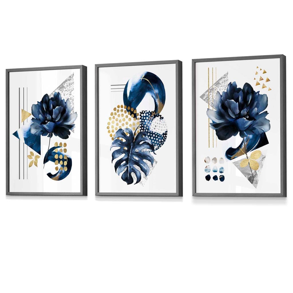 Abstraktes maritimes und goldenes botanisches Set aus 3 gerahmten Wandbildern