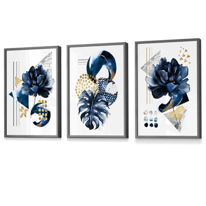 Abstraktes maritimes und goldenes botanisches Set aus 3 gerahmten Wandbildern