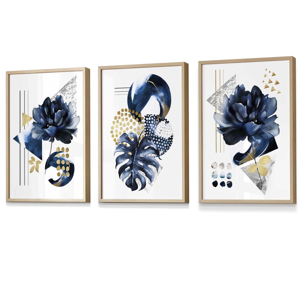 Abstraktes maritimes und goldenes botanisches Set aus 3 gerahmten Wandbildern