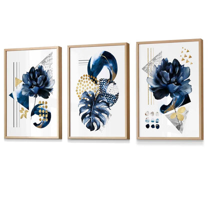 Abstraktes maritimes und goldenes botanisches Set aus 3 gerahmten Wandbildern