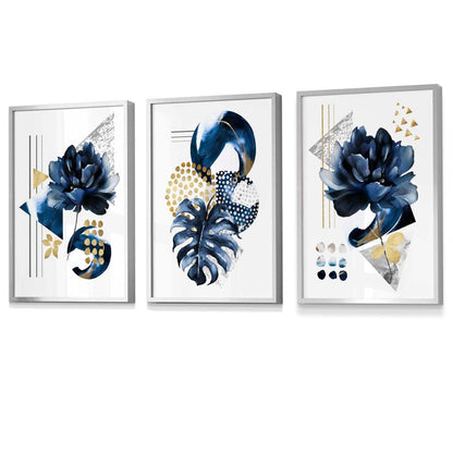 Abstraktes maritimes und goldenes botanisches Set aus 3 gerahmten Wandbildern