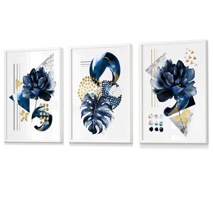 Abstraktes maritimes und goldenes botanisches Set aus 3 gerahmten Wandbildern