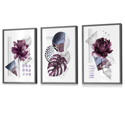 Abstrakte, lila und silbergraue florale Wandbilder mit Rahmen