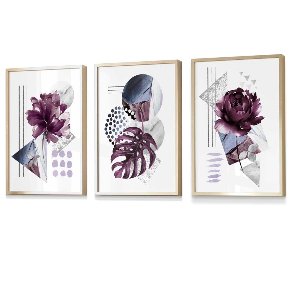 Abstrakte, lila und silbergraue florale Wandbilder mit Rahmen