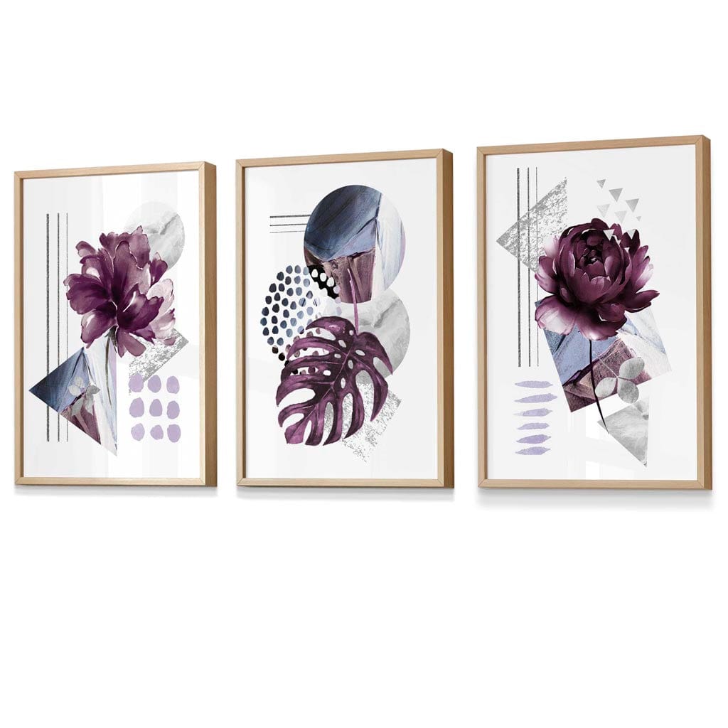 Abstrakte, lila und silbergraue florale Wandbilder mit Rahmen
