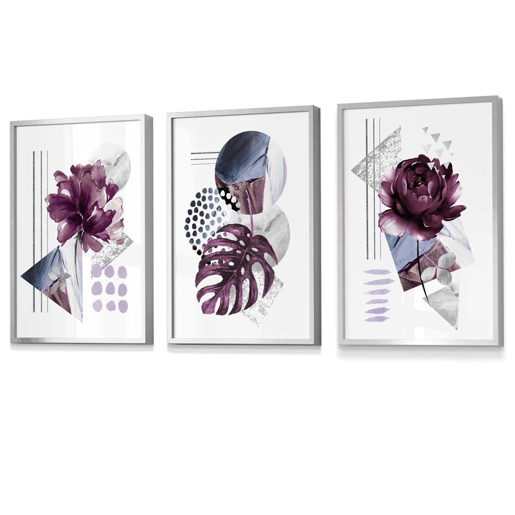 Abstrakte, lila und silbergraue florale Wandbilder mit Rahmen