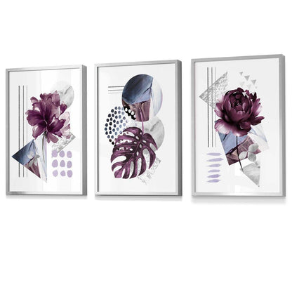 Abstrakte, lila und silbergraue florale Wandbilder mit Rahmen