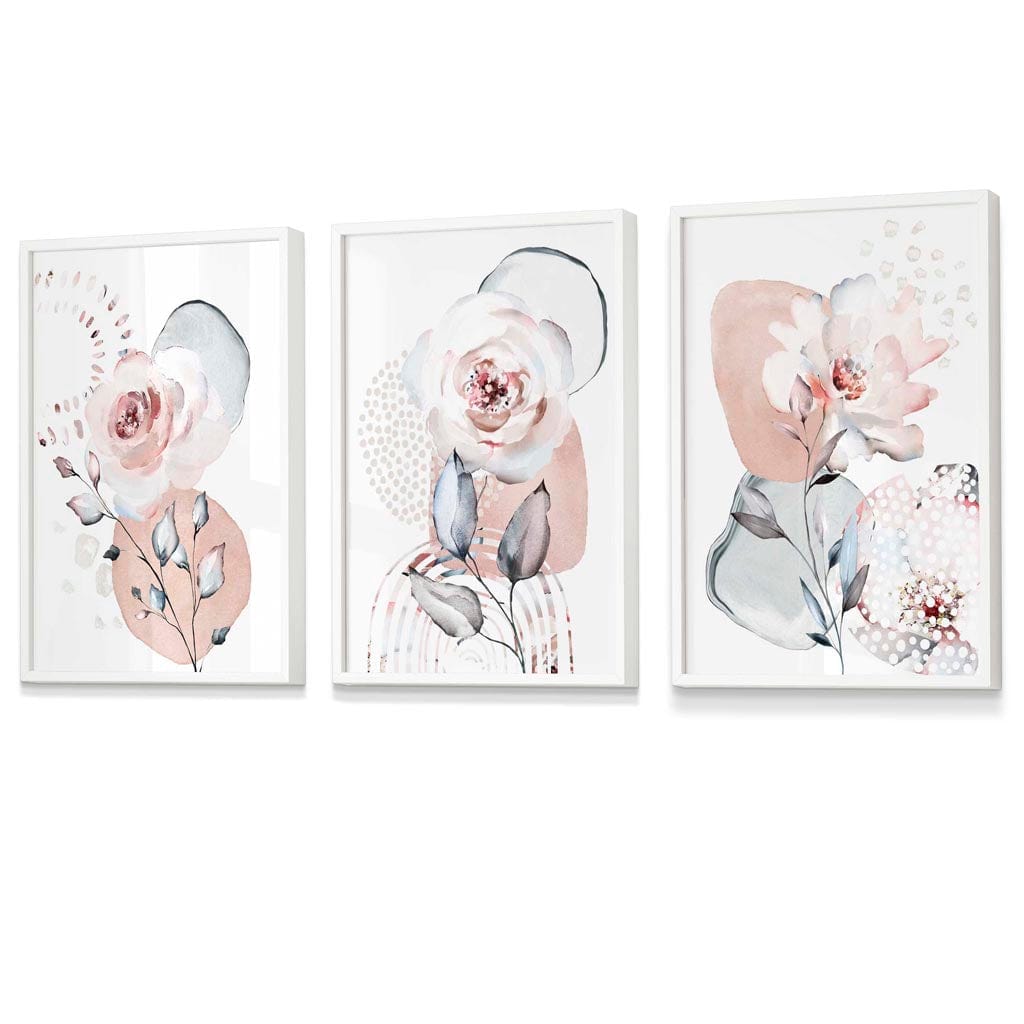 Abstrakte, rosafarbene und graue florale Wandbilder mit Rahmen