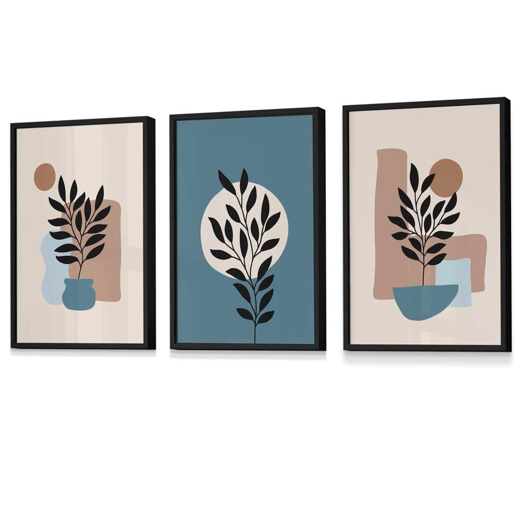 Botanisches 3er-Set Boho-Wandbilder mit Rahmen in Blau und Creme