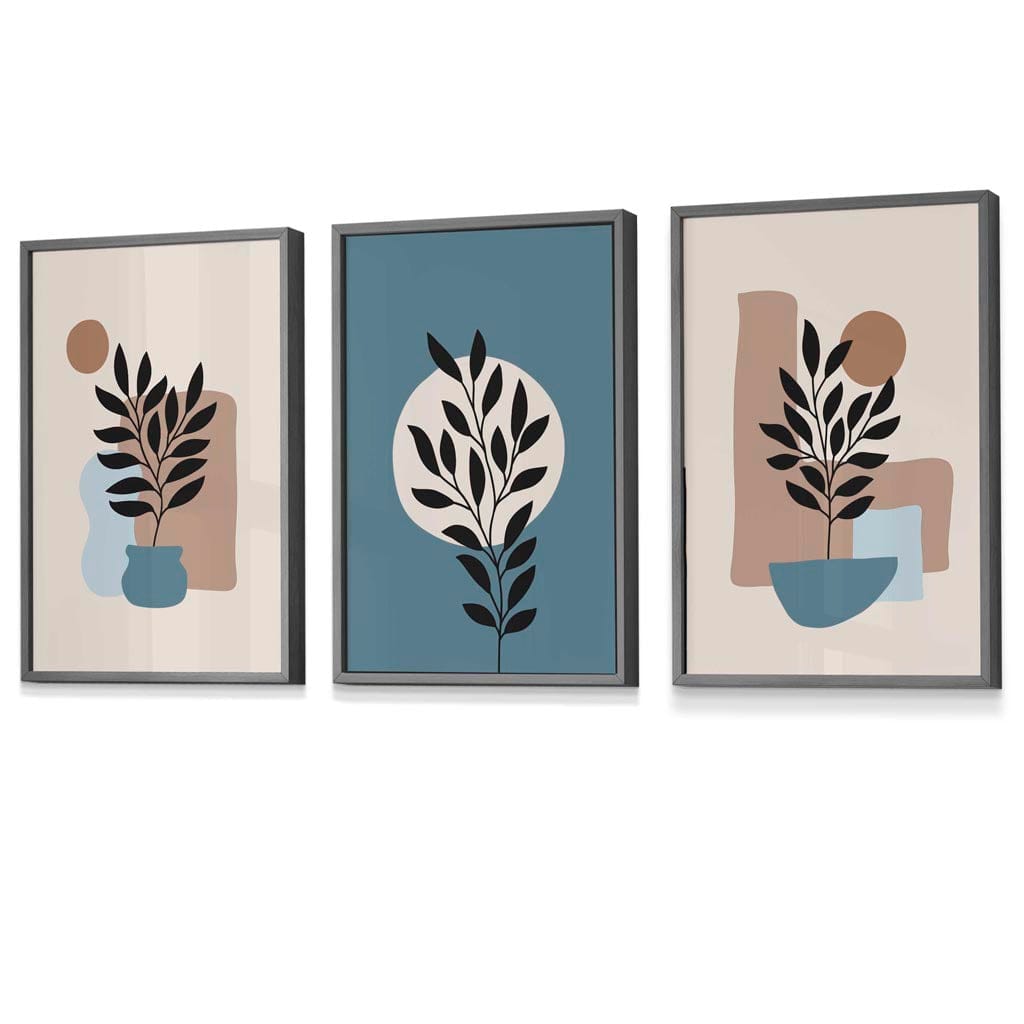 Botanisches 3er-Set Boho-Wandbilder mit Rahmen in Blau und Creme