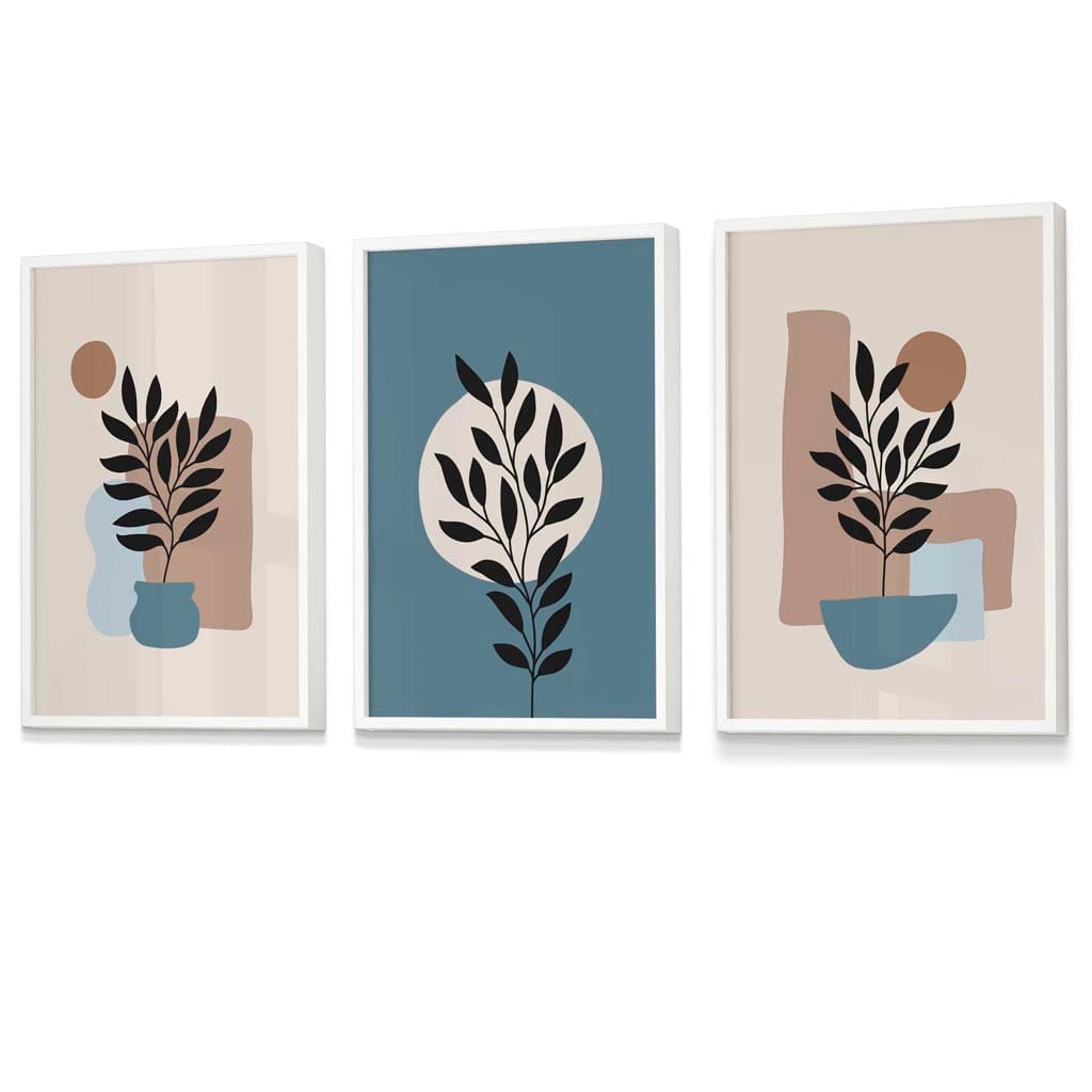 Botanisches 3er-Set Boho-Wandbilder mit Rahmen in Blau und Creme
