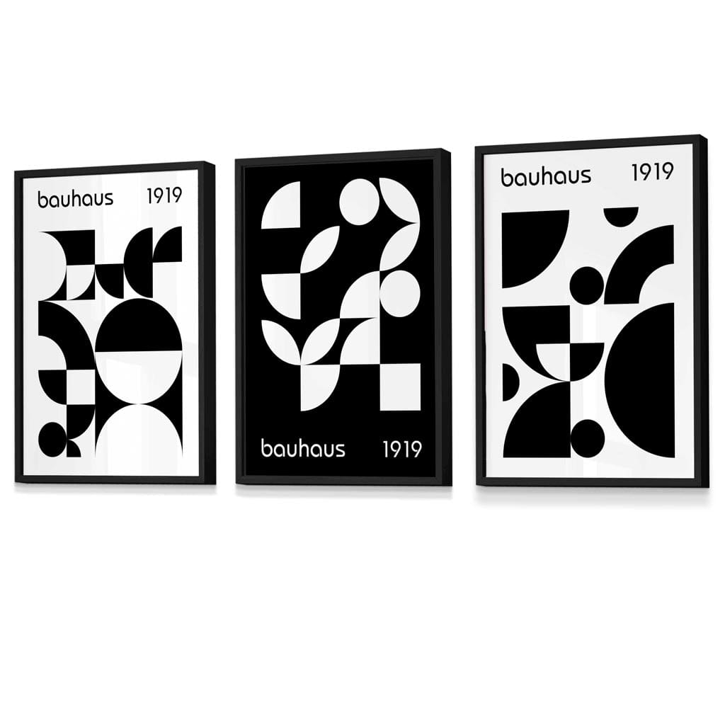 Grafische, geometrische Schwarz-Weiß-Grafiken im Bauhaus-Stil, 3 gerahmte Kunstdrucke