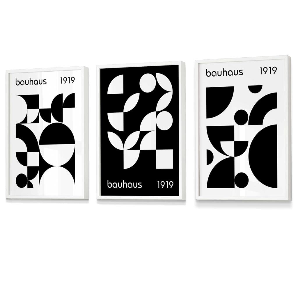 Grafische, geometrische Schwarz-Weiß-Grafiken im Bauhaus-Stil, 3 gerahmte Kunstdrucke