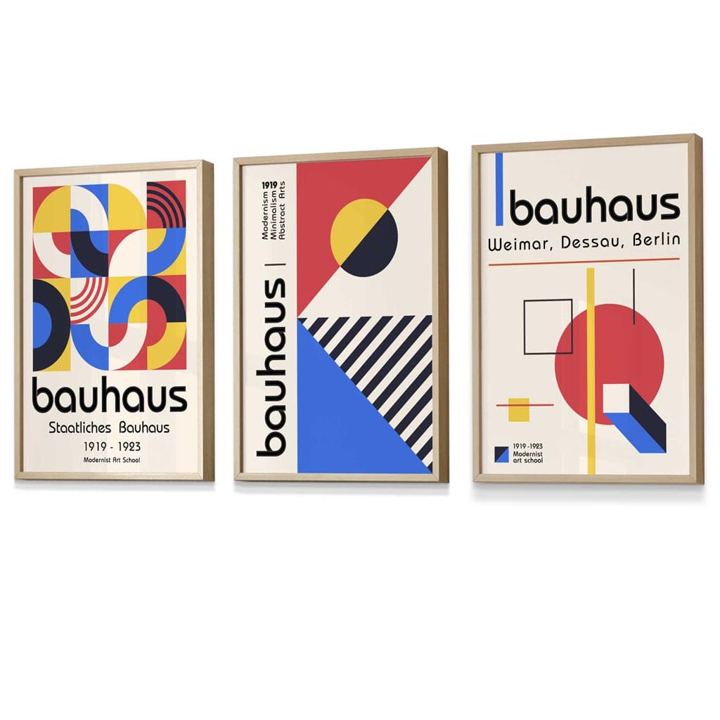 Bauhaus-Muster, rot, blau und gelb, geometrisches Design, 3-teiliges Set gerahmter Kunstdrucke