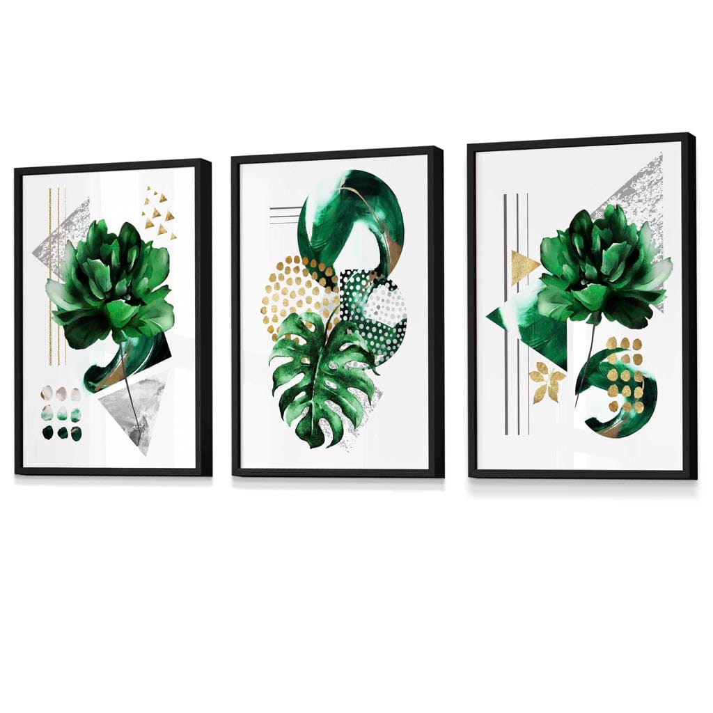 Abstraktes grün-goldenes Blumen-Set aus 3 gerahmten Wandbildern