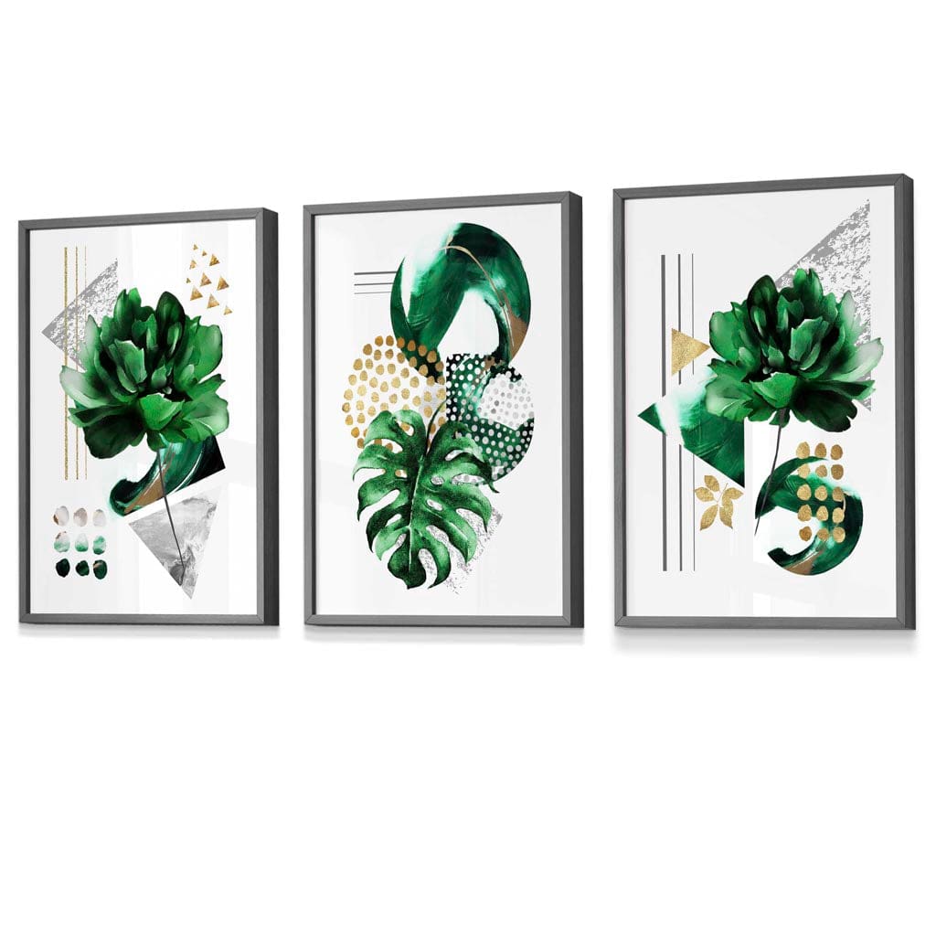Abstraktes grün-goldenes Blumen-Set aus 3 gerahmten Wandbildern