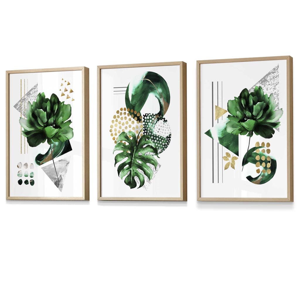 Abstraktes grün-goldenes Blumen-Set aus 3 gerahmten Wandbildern