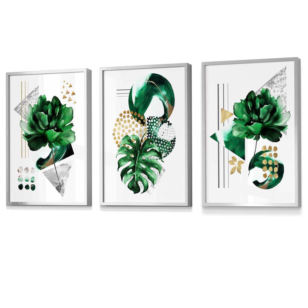 Abstraktes grün-goldenes Blumen-Set aus 3 gerahmten Wandbildern