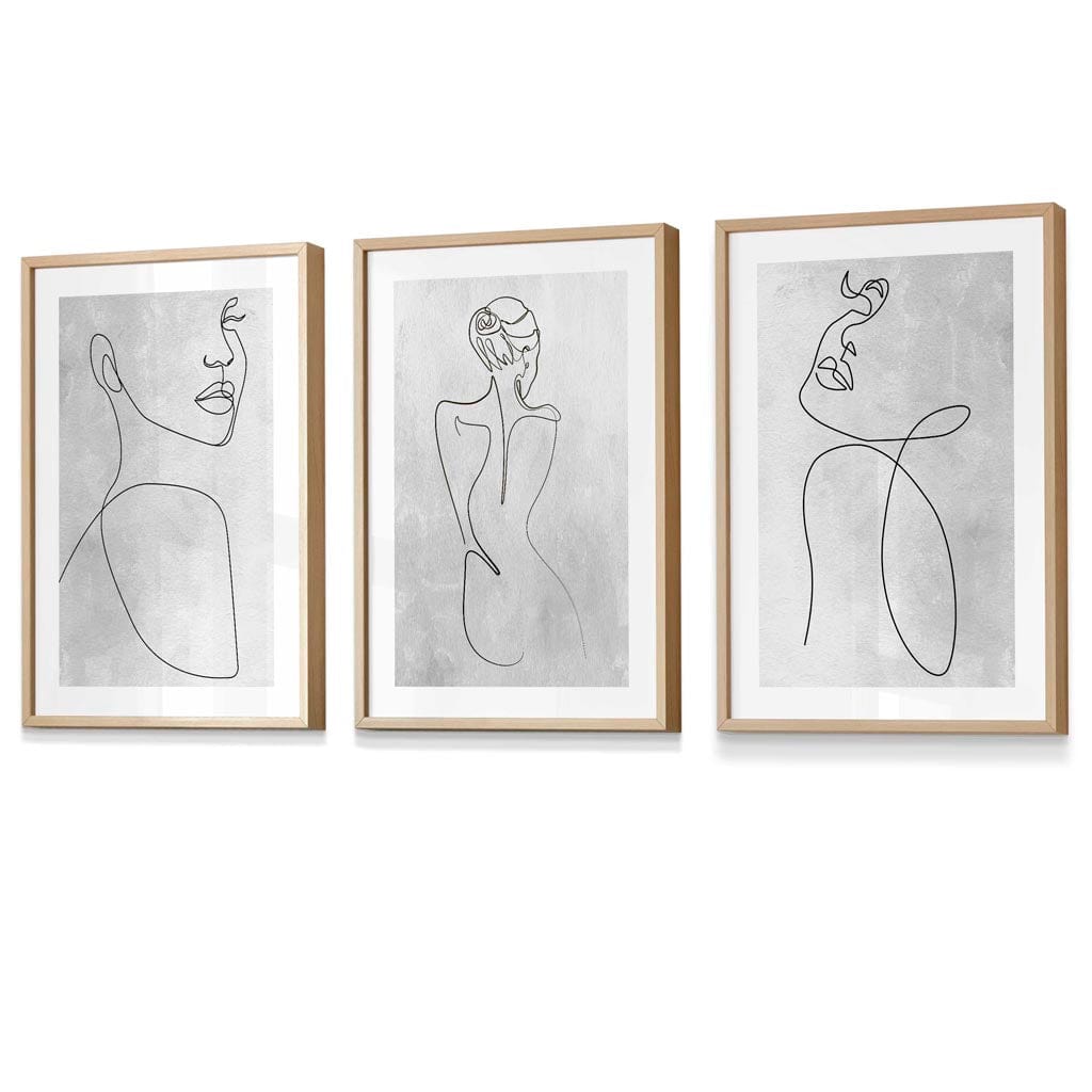 Abstrakte Linienkunst Frau Grau Wandkunst Set mit 3 gerahmten Drucken