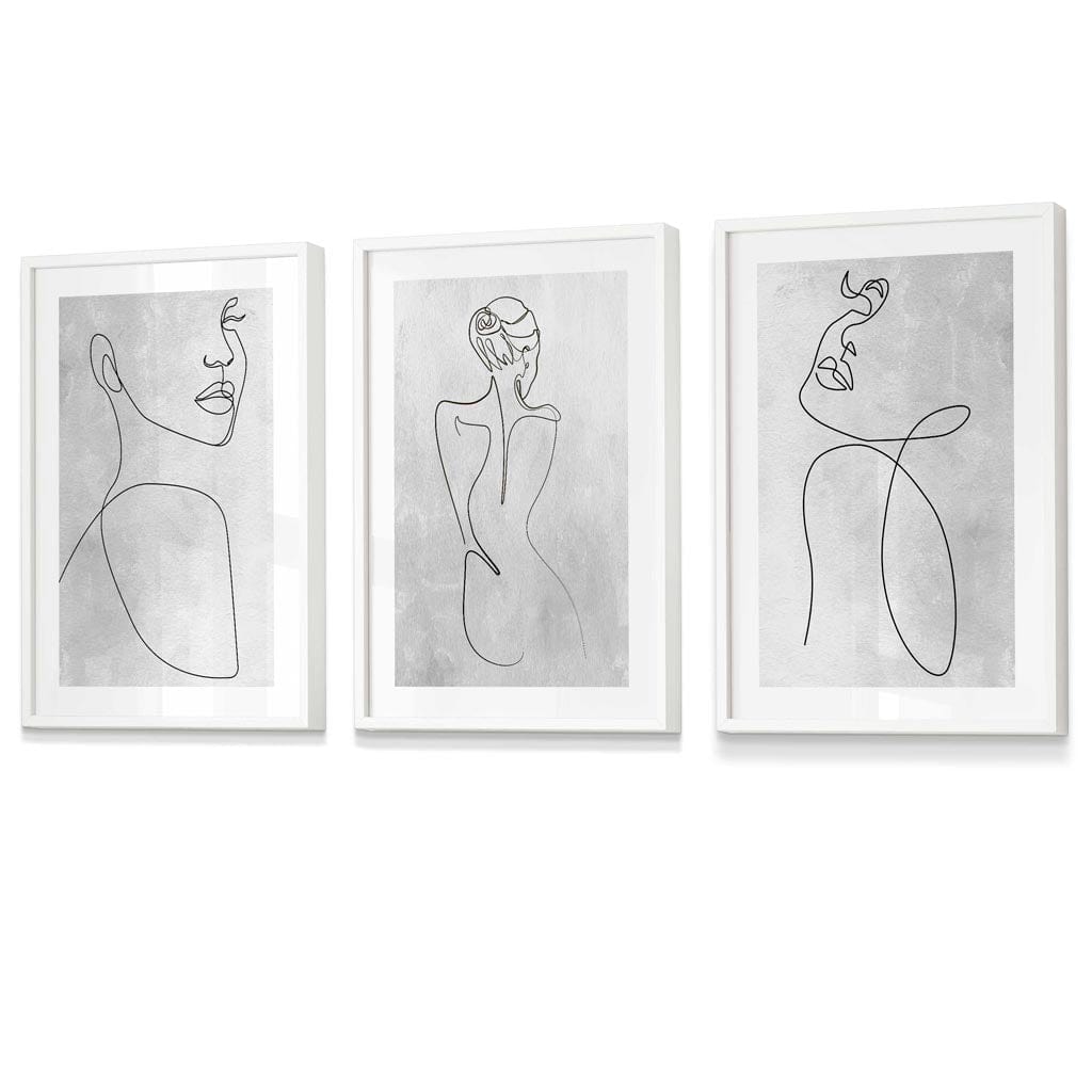 Abstrakte Linienkunst Frau Grau Wandkunst Set mit 3 gerahmten Drucken