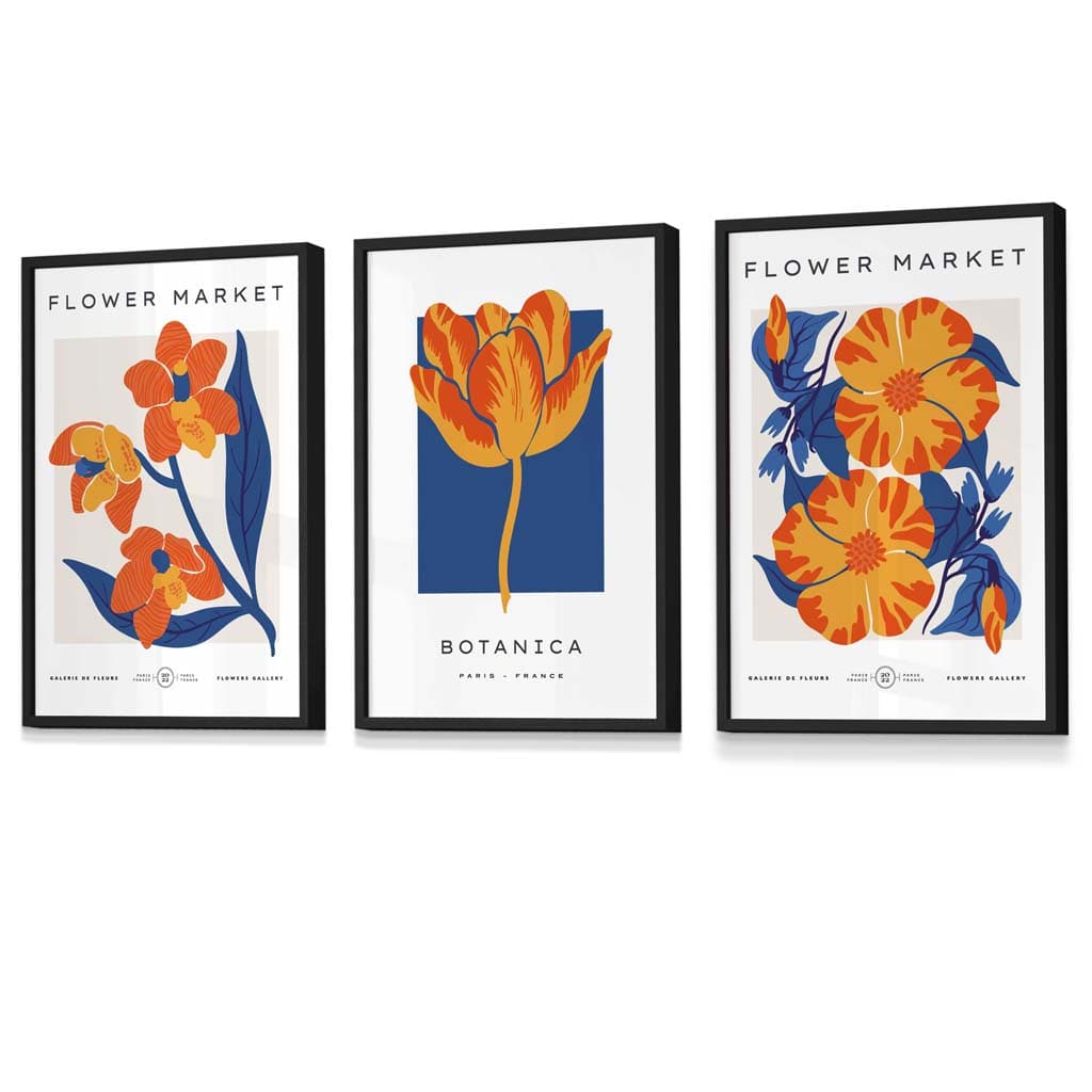 Wandbilder mit Rahmen zum Thema „Blauer und oranger Blumenmarkt“