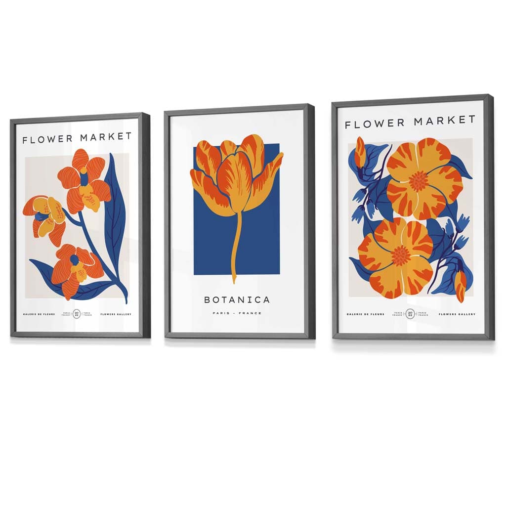 Wandbilder mit Rahmen zum Thema „Blauer und oranger Blumenmarkt“
