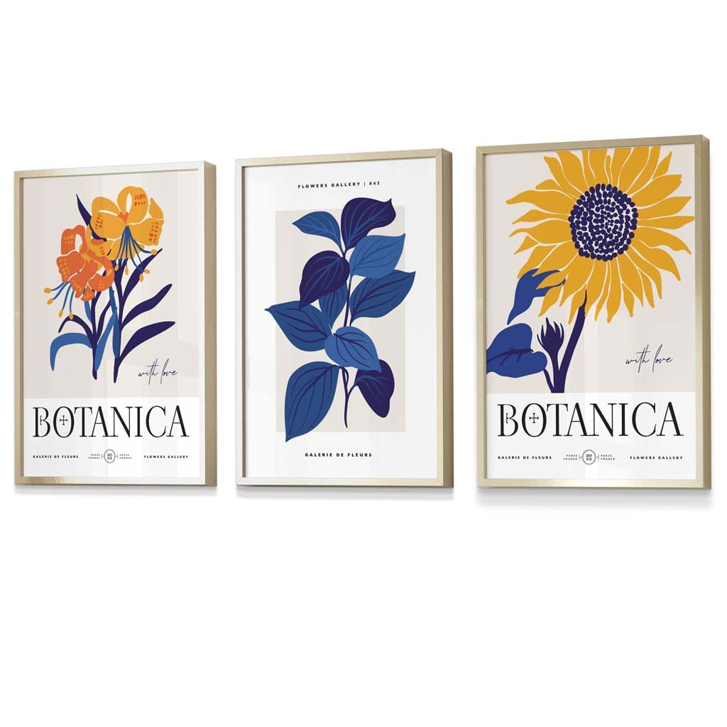 Set aus 3 gerahmten Wandbildern mit Sonnenblumenmotiv im Boho-Stil, blau & gelb