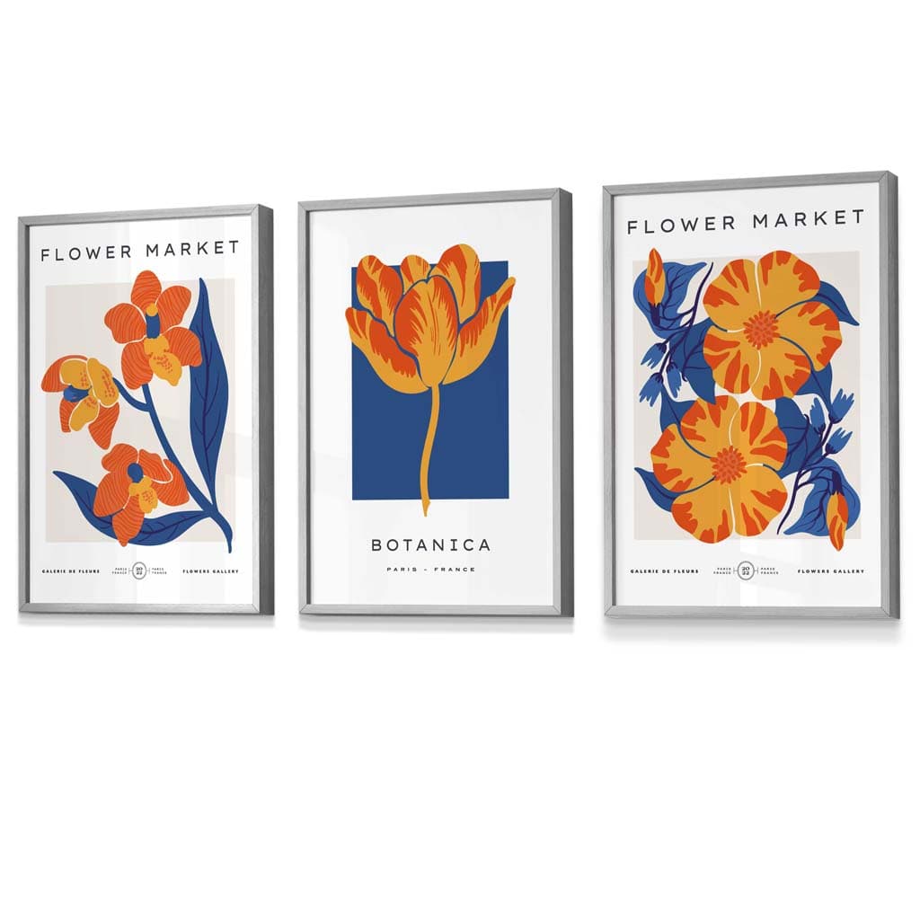 Wandbilder mit Rahmen zum Thema „Blauer und oranger Blumenmarkt“