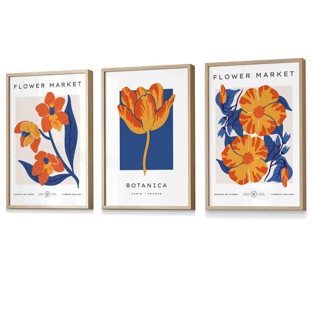 Wandbilder mit Rahmen zum Thema „Blauer und oranger Blumenmarkt“