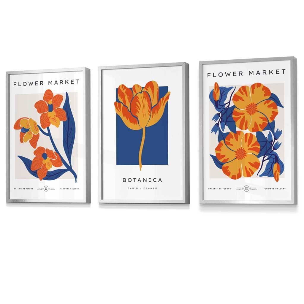 Wandbilder mit Rahmen zum Thema „Blauer und oranger Blumenmarkt“
