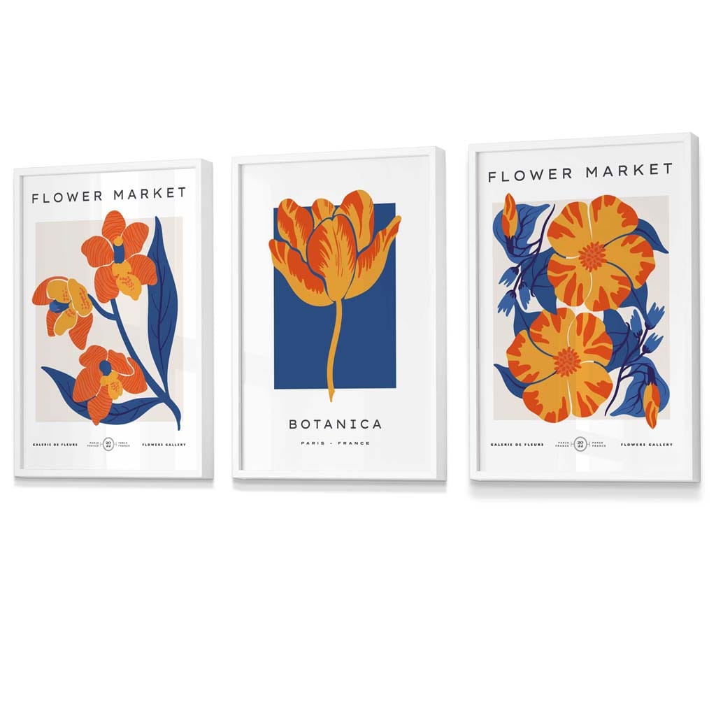 Wandbilder mit Rahmen zum Thema „Blauer und oranger Blumenmarkt“