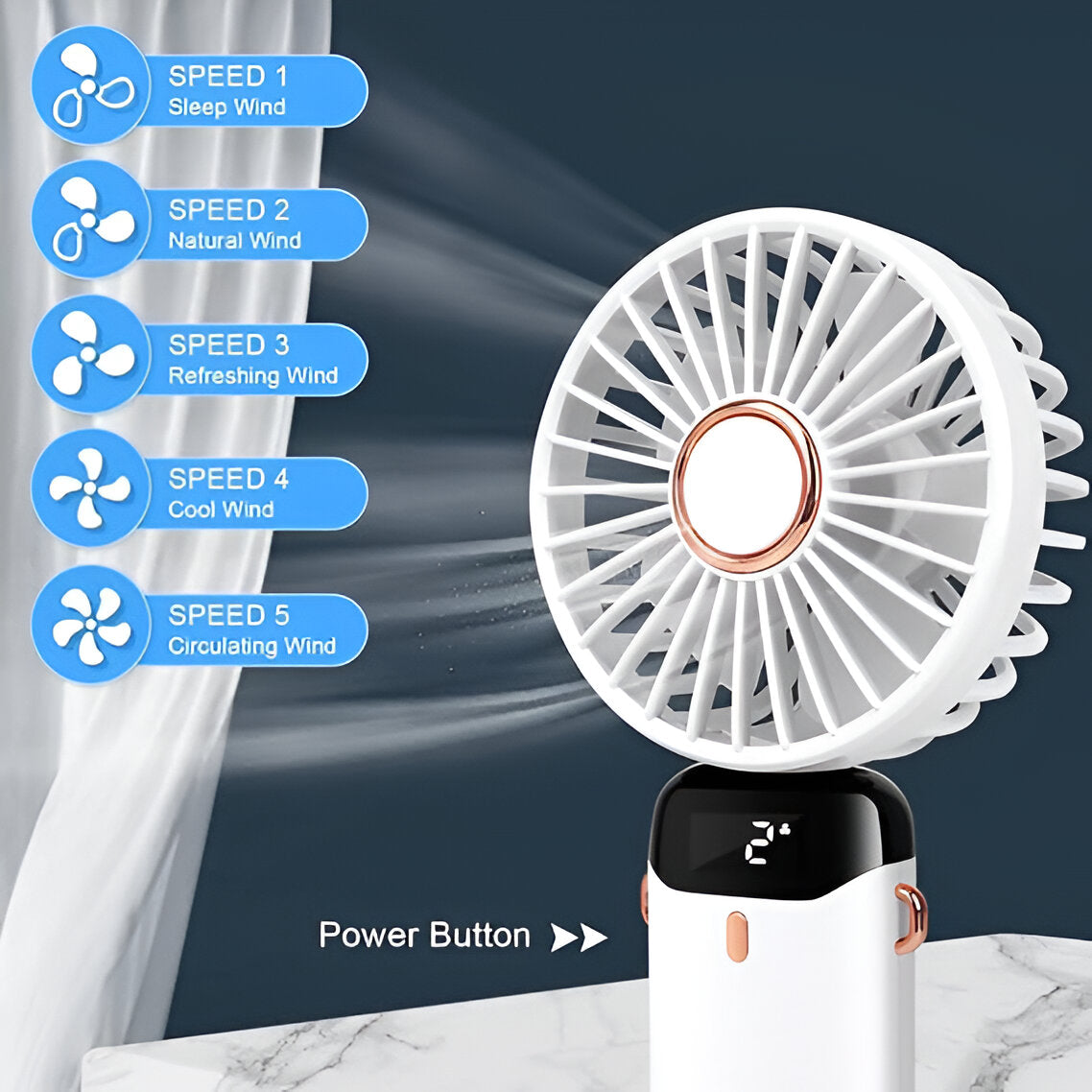 Wiederaufladbarer Handheld Mini Ventilator | 5-Geschwindigkeits, 90-Grad verstellbar & leise für Büro, Zuhause & Außenbereich | Brehn