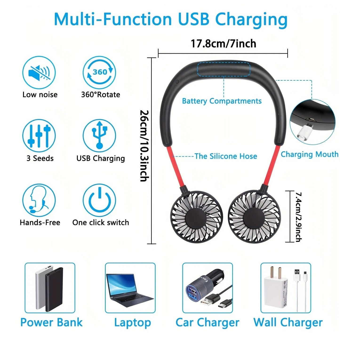 1pc USB wiederaufladbarer tragbarer Nackenventilator - Hands-free persönlicher Tragelüfter mit 360° verstellbaren 3-Geschwindigkeitsstufen für Reisen, Büro, Zuhause und Outdoor-Nutzung | Brehn