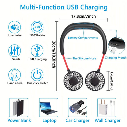 1pc USB wiederaufladbarer tragbarer Nackenventilator - Hands-free persönlicher Tragelüfter mit 360° verstellbaren 3-Geschwindigkeitsstufen für Reisen, Büro, Zuhause und Outdoor-Nutzung | Brehn