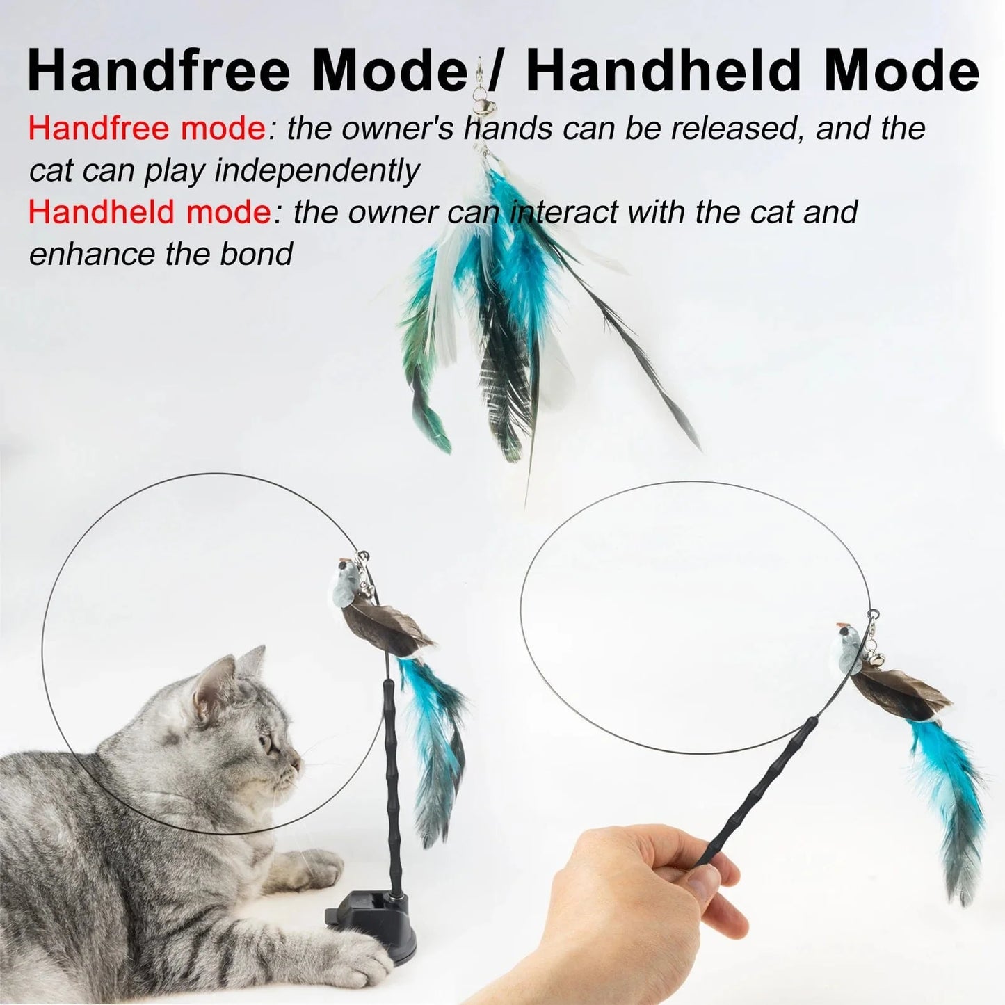 Handfree Bird/Feder Katzenangel mit Glocke Mächtiger Saugnapf Interaktive Spielzeuge für Katzen Kätzchen Jagd Bewegung Haustierprodukte | Brehn