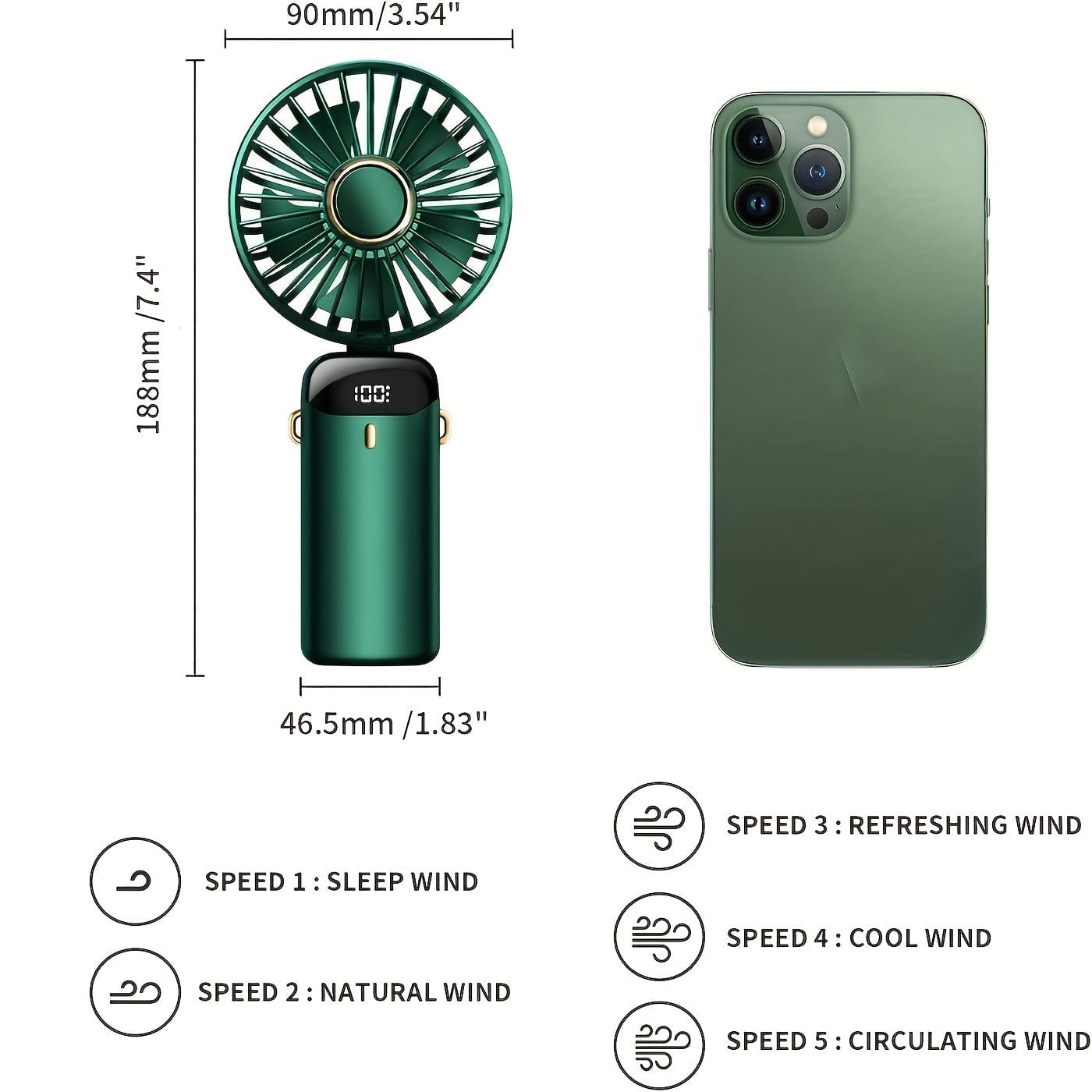 Tragbarer Handheld Mini Ventilator USB wiederaufladbar mit LED-Display 5 Geschwindigkeiten 90° faltbar batteriebetrieben für Büro Schlafzimmer Outdoor Reisen Camping Schulbedarf | Brehn