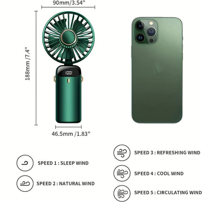 Tragbarer Handheld Mini Ventilator USB wiederaufladbar mit LED-Display 5 Geschwindigkeiten 90° faltbar batteriebetrieben für Büro Schlafzimmer Outdoor Reisen Camping Schulbedarf | Brehn