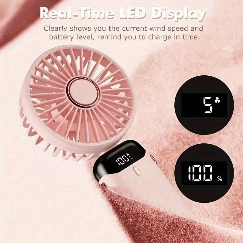 Tragbarer Mini-USB-Ventilator mit LED-Display 5 Geschwindigkeiten 21 Stunden Akkulaufzeit Leiser Betrieb Ideal für Sommerreisen und Haushaltsgebrauch | Brehn