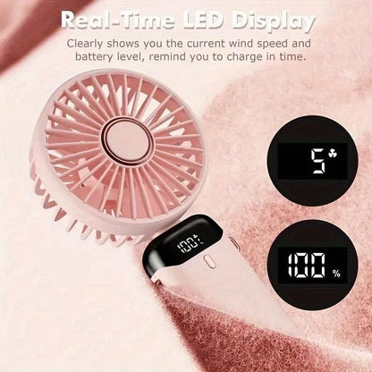 Tragbarer Mini-USB-Ventilator mit LED-Display 5 Geschwindigkeiten 21 Stunden Akkulaufzeit Leiser Betrieb Ideal für Sommerreisen und Haushaltsgebrauch | Brehn