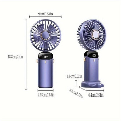 Tragbarer Mini-USB-Ventilator mit LED-Display 5 Geschwindigkeiten 21 Stunden Akkulaufzeit Leiser Betrieb Ideal für Sommerreisen und Haushaltsgebrauch | Brehn